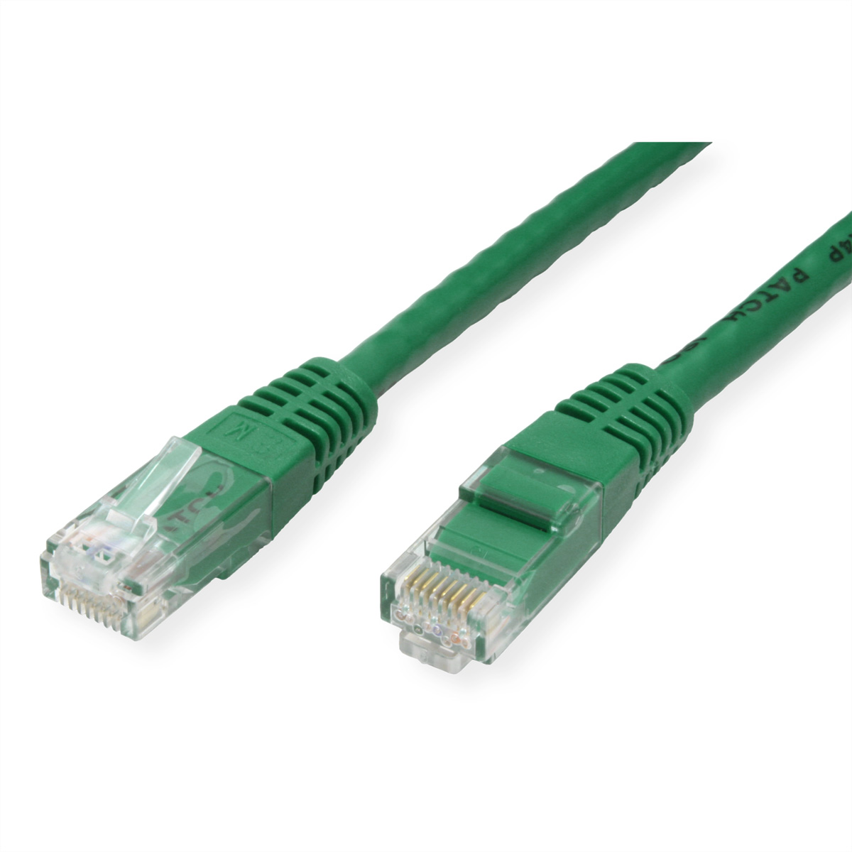 Grünes Ethernet-Kabel mit Steckern an beiden Enden. Weißer Hintergrund. Nahaufnahme.