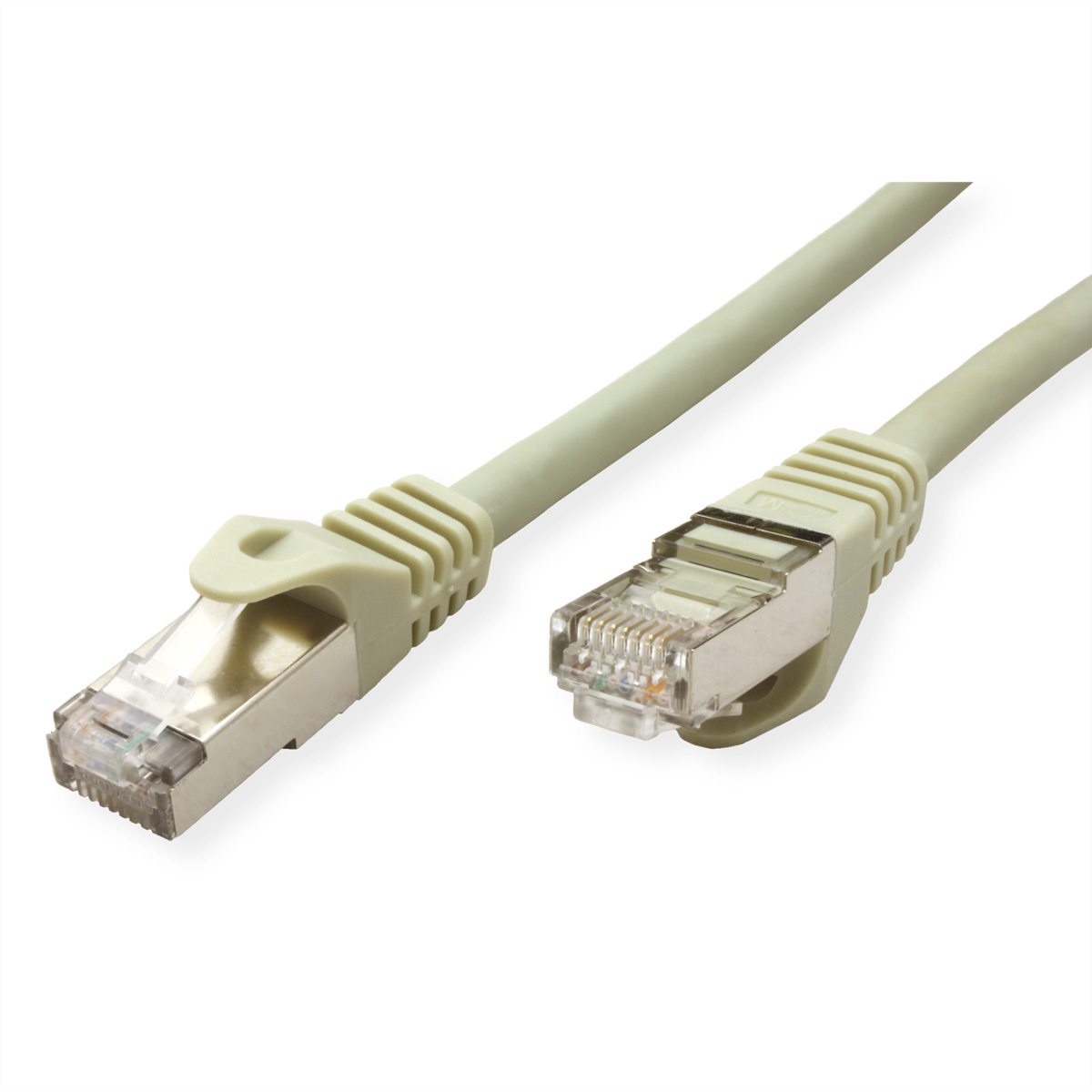 Câble Ethernet, couleur blanc cassé, avec connecteurs transparents aux deux extrémités.