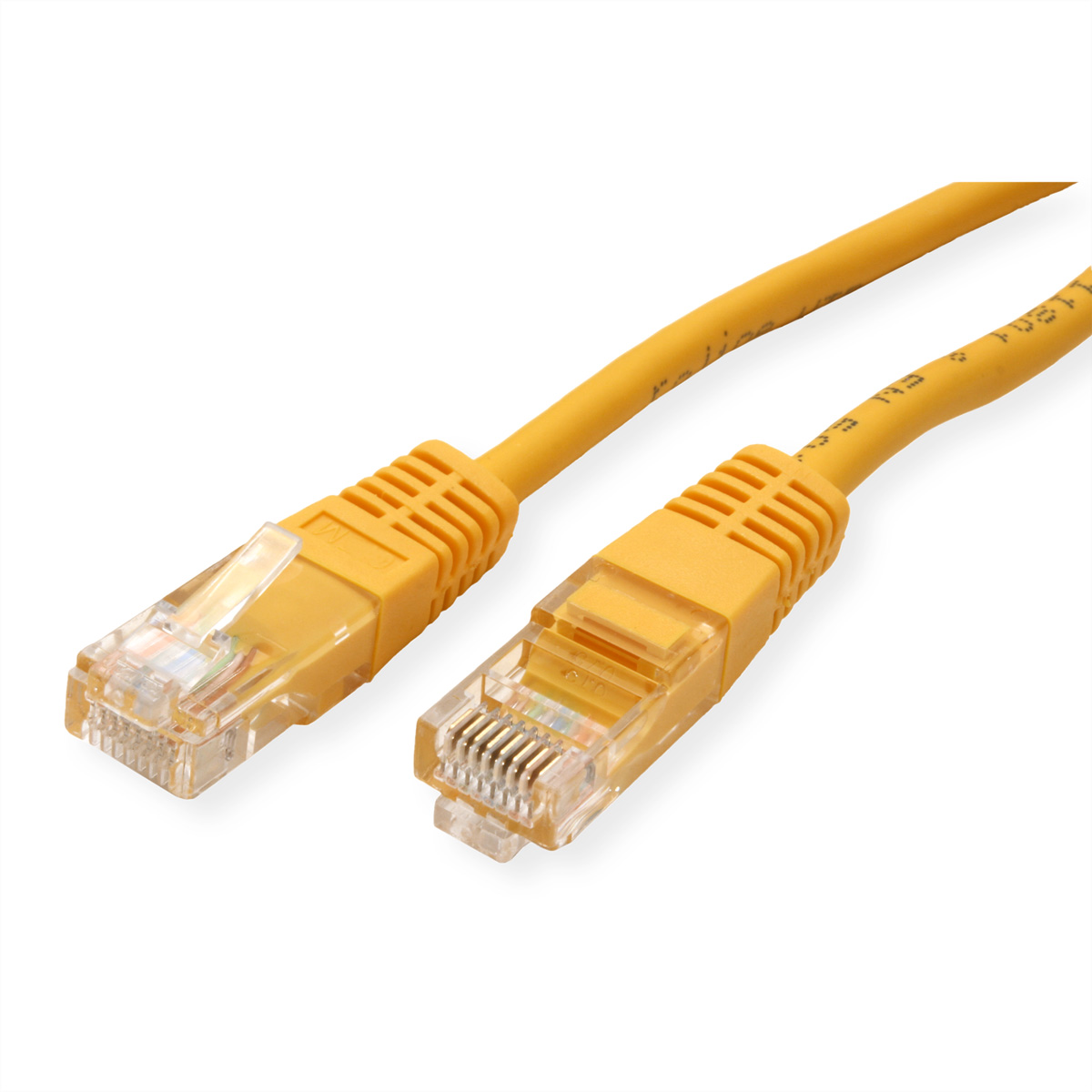 Two yellow ethernet cables with RJ45 connectors. They are on a white surface.