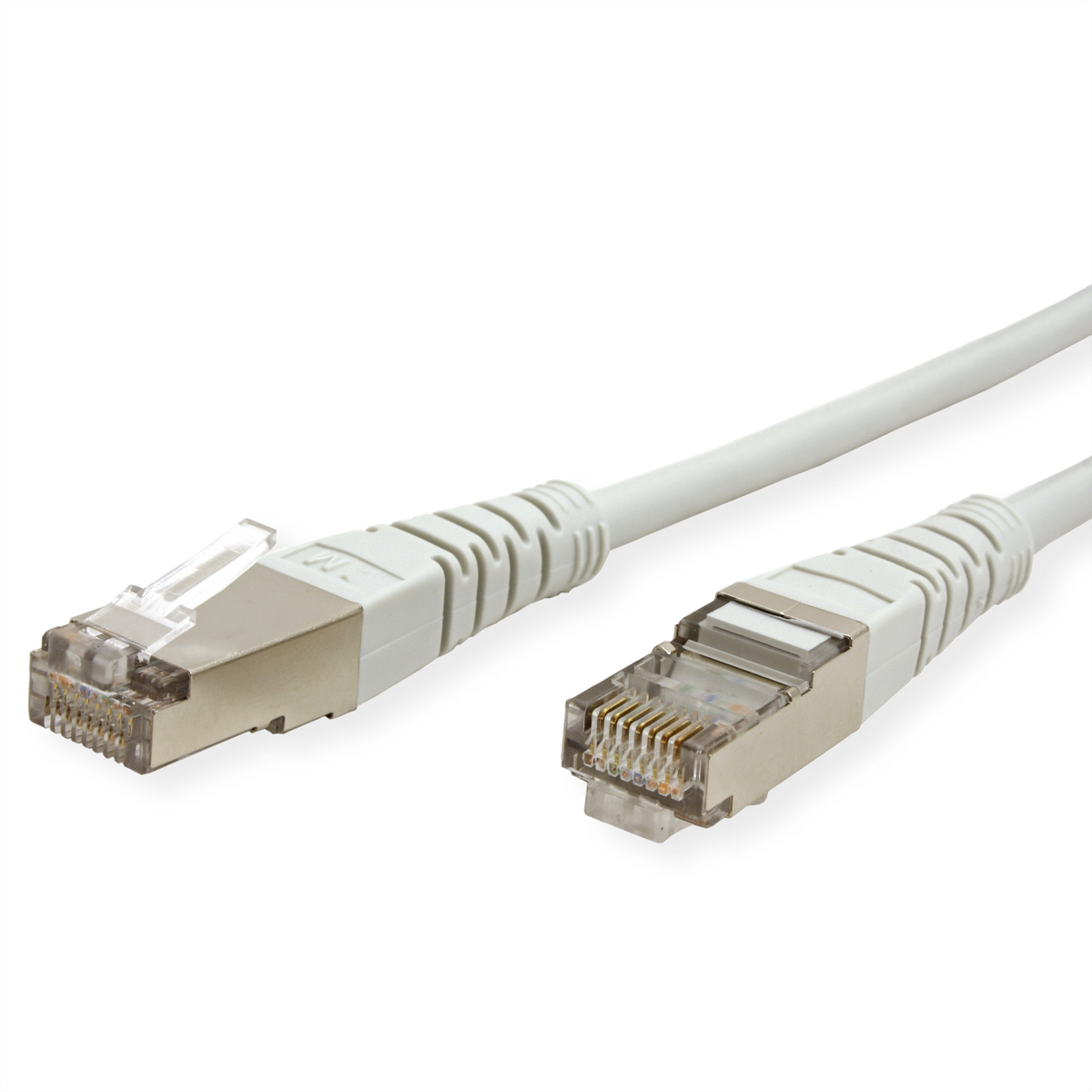 Connettori per cavi Ethernet bianchi e argentati su sfondo bianco.