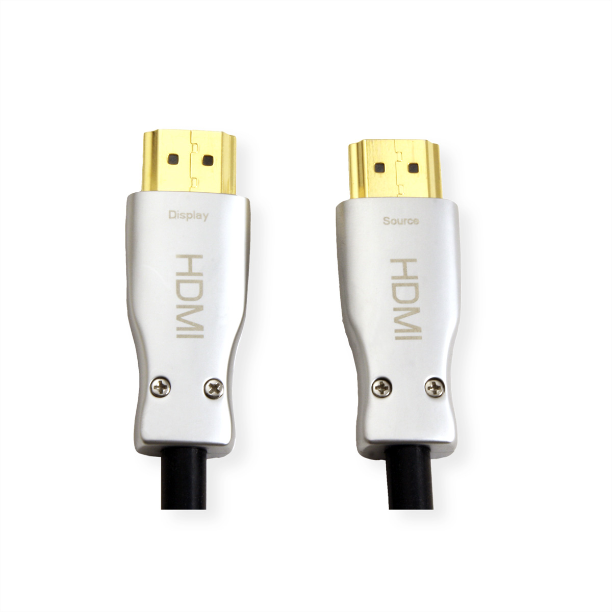 Connecteurs HDMI, boîtier argenté avec connecteurs dorés. Câble noir, fond blanc.