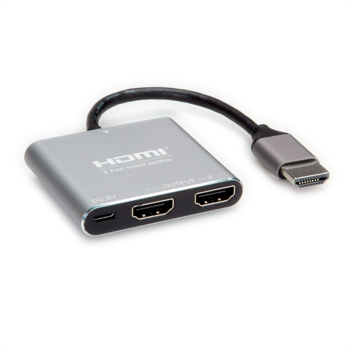 Silberner HDMI-Splitter mit zwei Ausgangsanschlüssen und einem schwarzen Kabel.