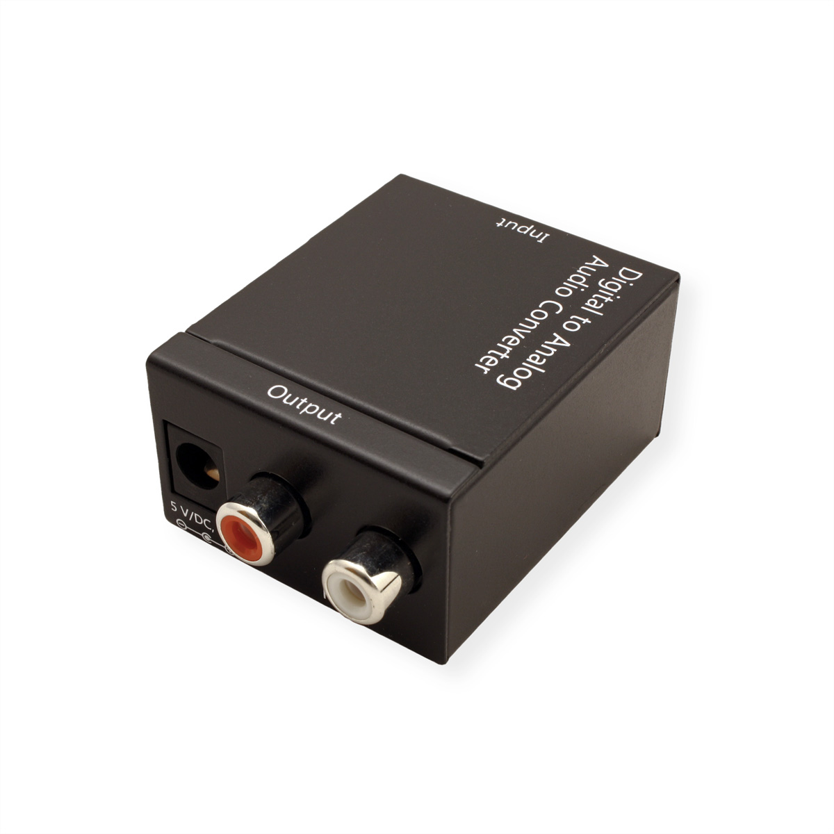 Un convertitore audio digitale-analogico nero con porte di ingresso e uscita.