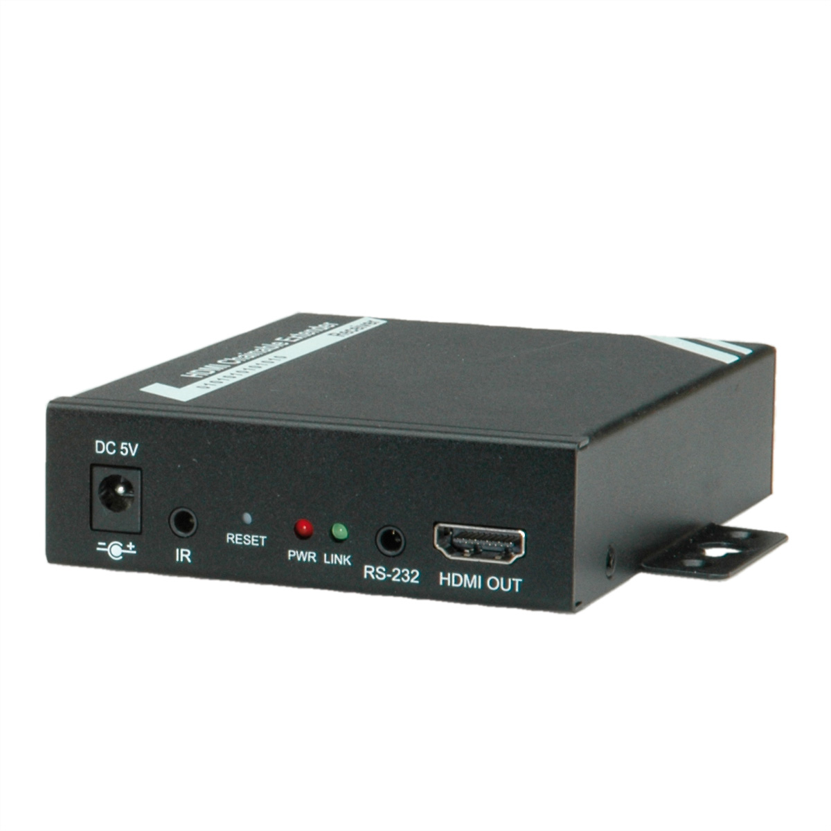 Schwarze HDMI-Konverterbox mit Anschlüssen, PWR LINK und HDMI OUT Beschriftung, weißer Hintergrund.