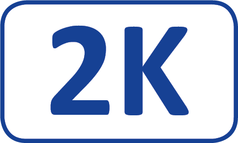 Niebieskie logo 2K na białym, zaokrąglonym prostokątnym tle.