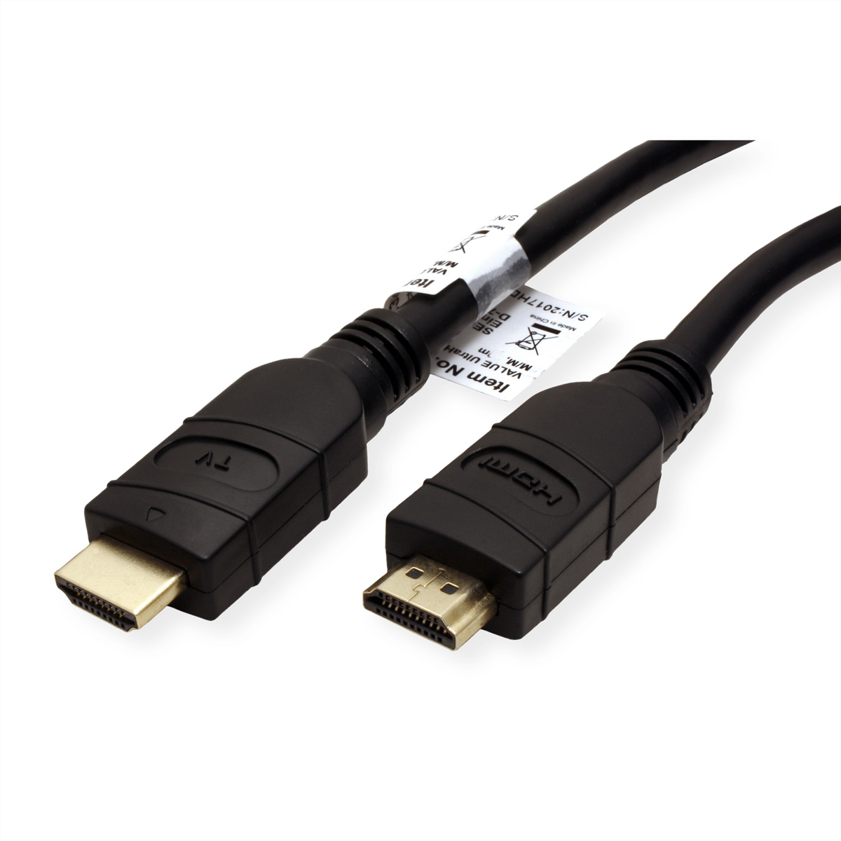 Zwarte HDMI-kabel, met connectoren aan beide uiteinden, op een witte achtergrond.