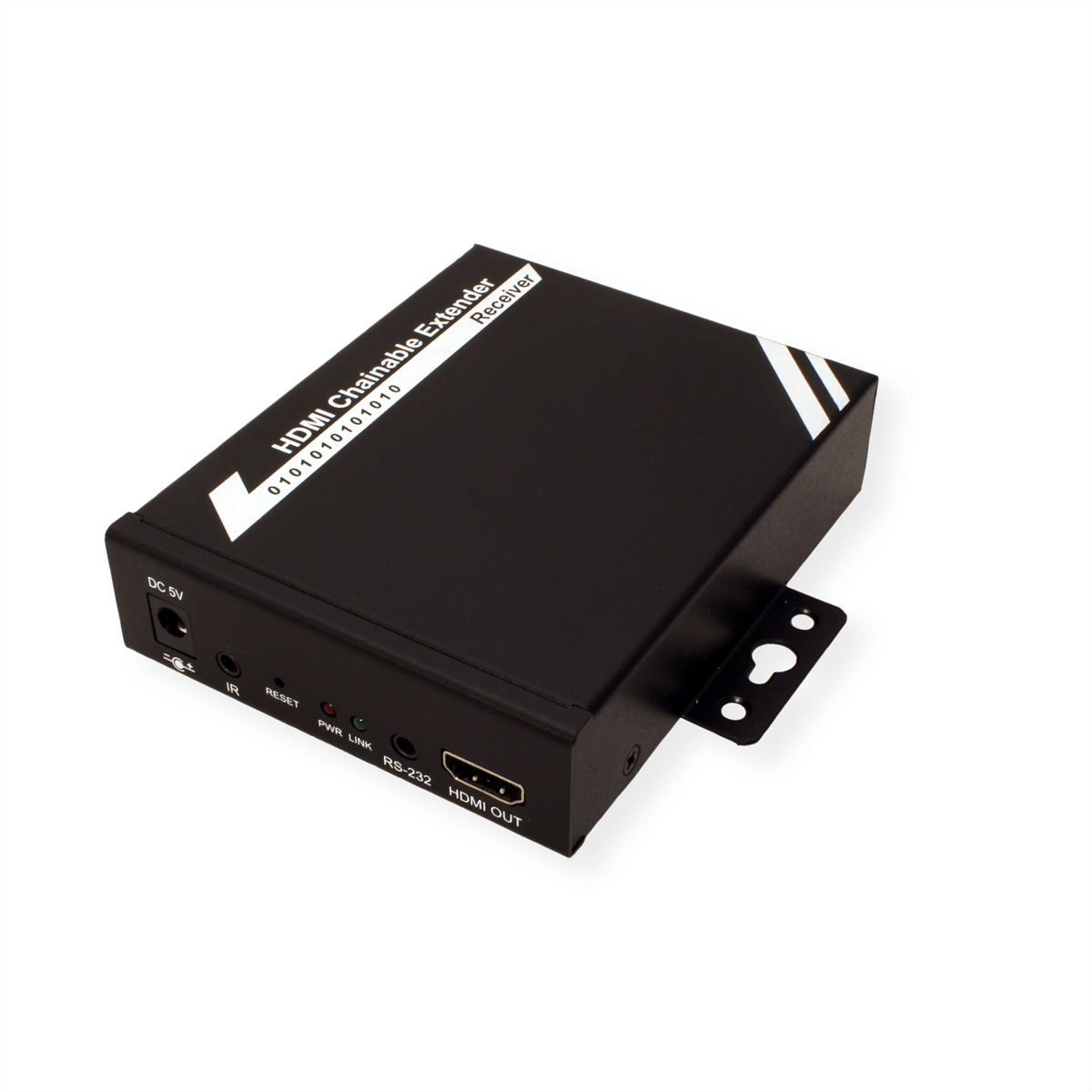 Schwarzer HDMI-erweiterbarer Empfänger. Weißer Text auf der Oberseite und den Seiten.