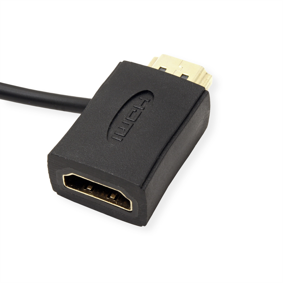 Un câble adaptateur HDMI noir avec des connecteurs dorés. Le logo HDMI est visible sur l'adaptateur.