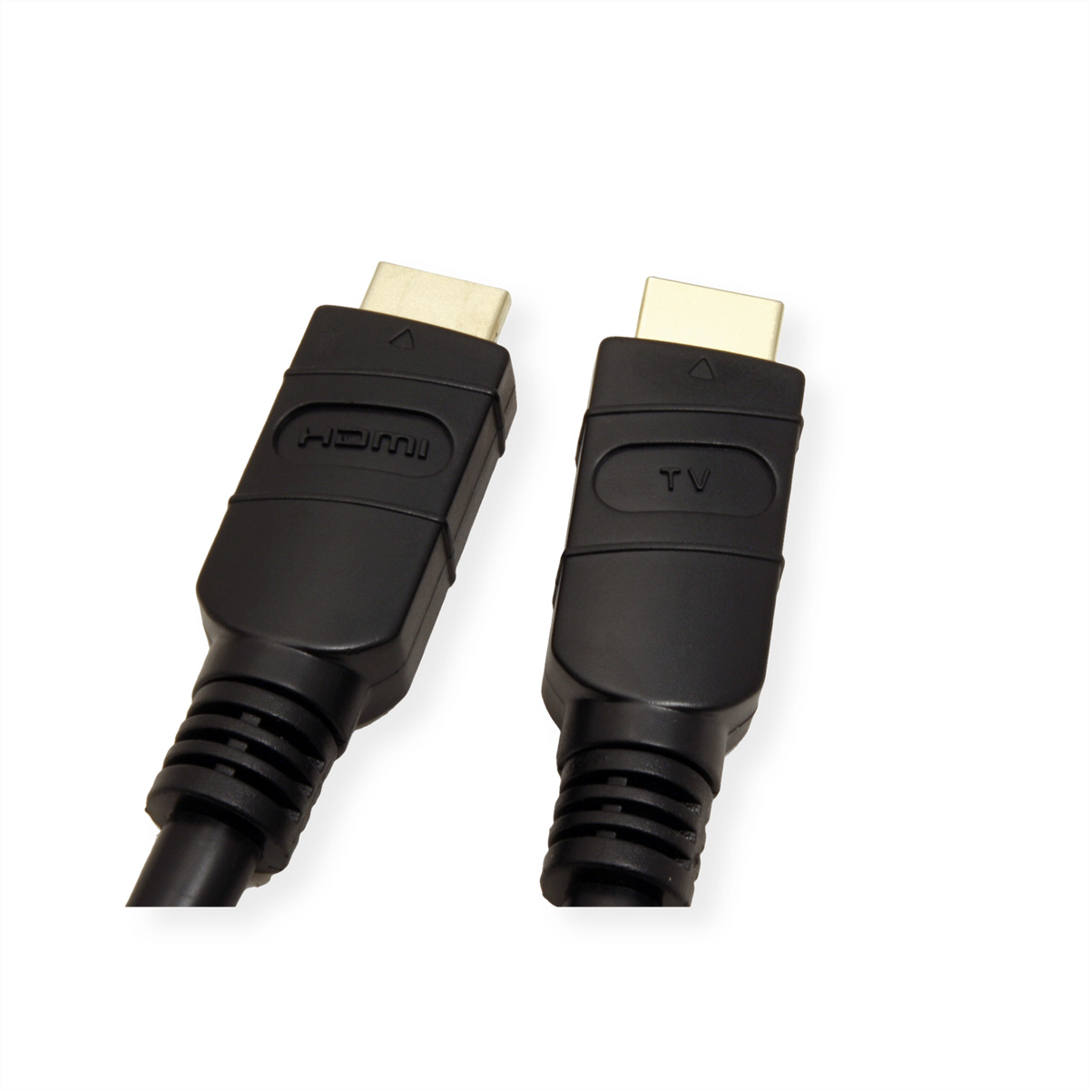 Twee zwarte HDMI-kabels met gouden connectoren, tegen een witte achtergrond.