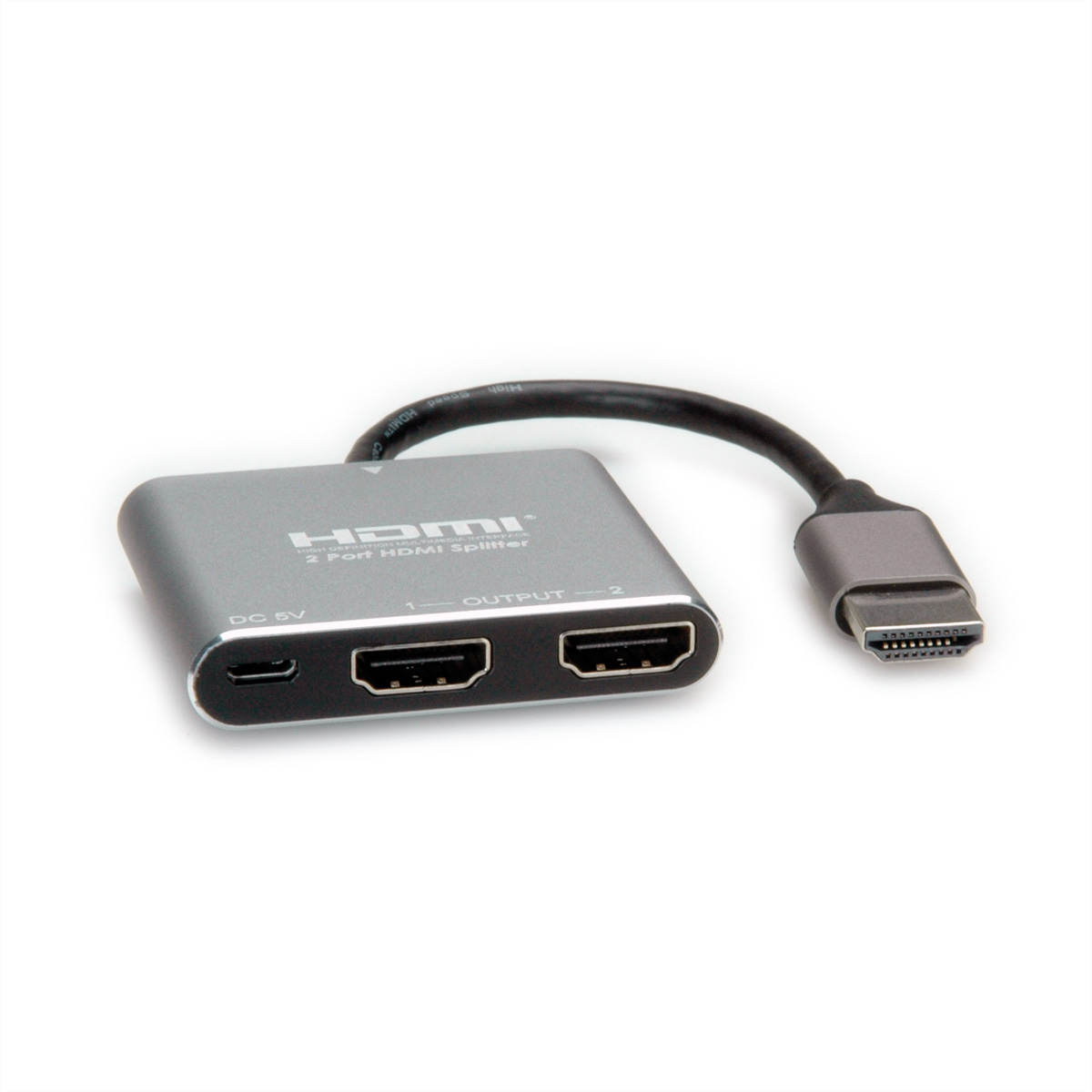 HDMI-Splitter. Graues Gerät mit 2 Ausgangsanschlüssen und 1 Eingangsanschluss. Angeschlossenes HDMI-Kabel.