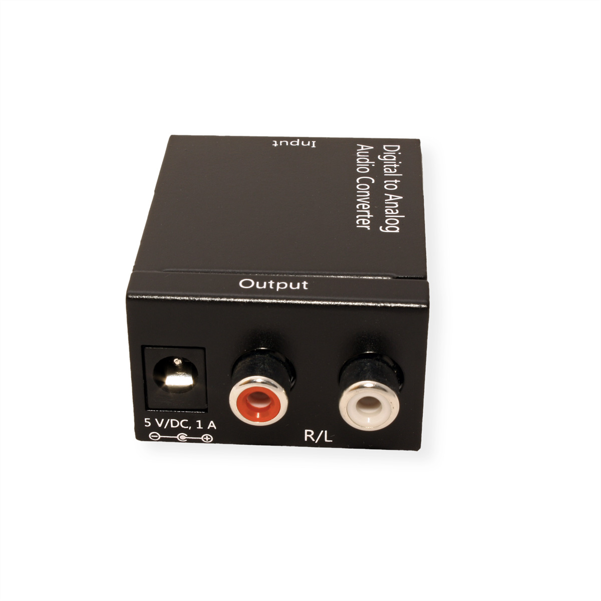 Convertitore audio digitale-analogico nero. Ha porte di ingresso e uscita. Sfondo bianco.