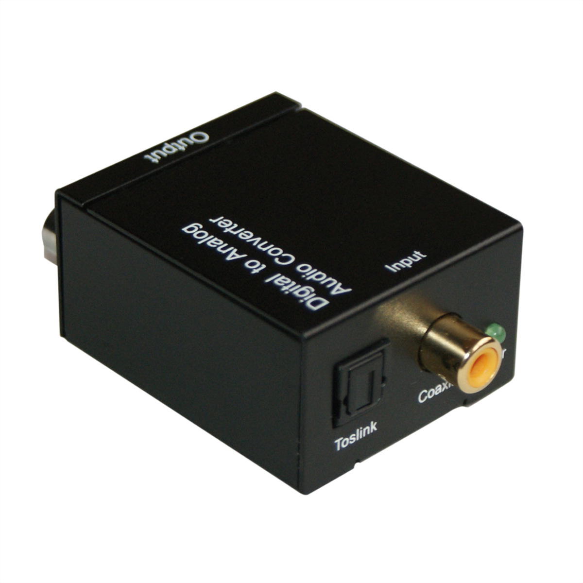 Convertitore audio digitale-analogico nero con porte di ingresso e uscita.