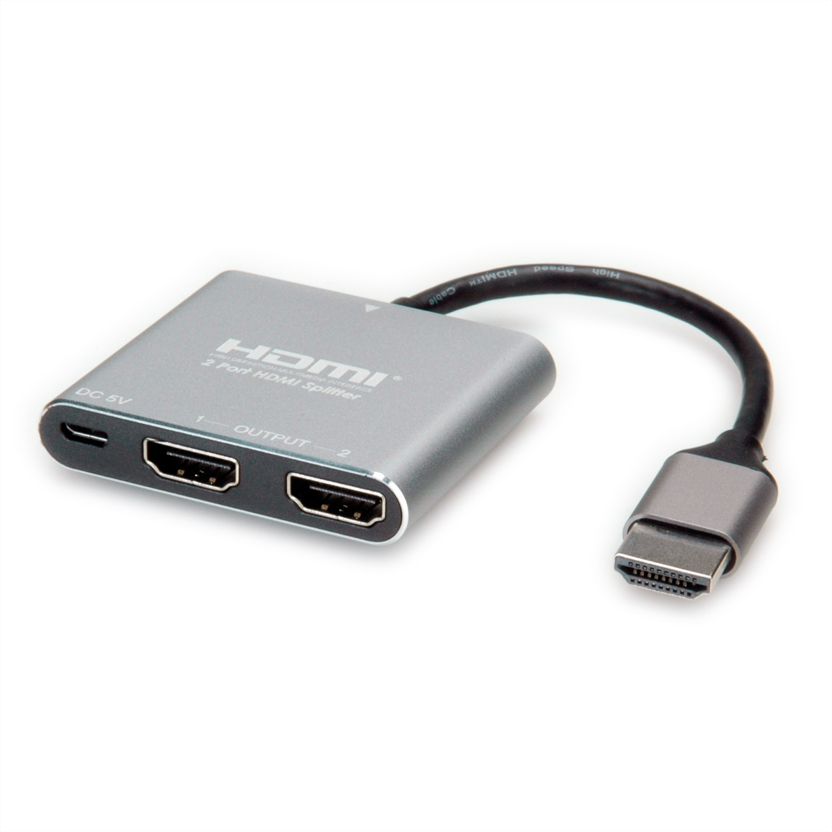 Ein silberner HDMI-Splitter mit zwei Ausgängen und einem schwarzen HDMI-Kabel.