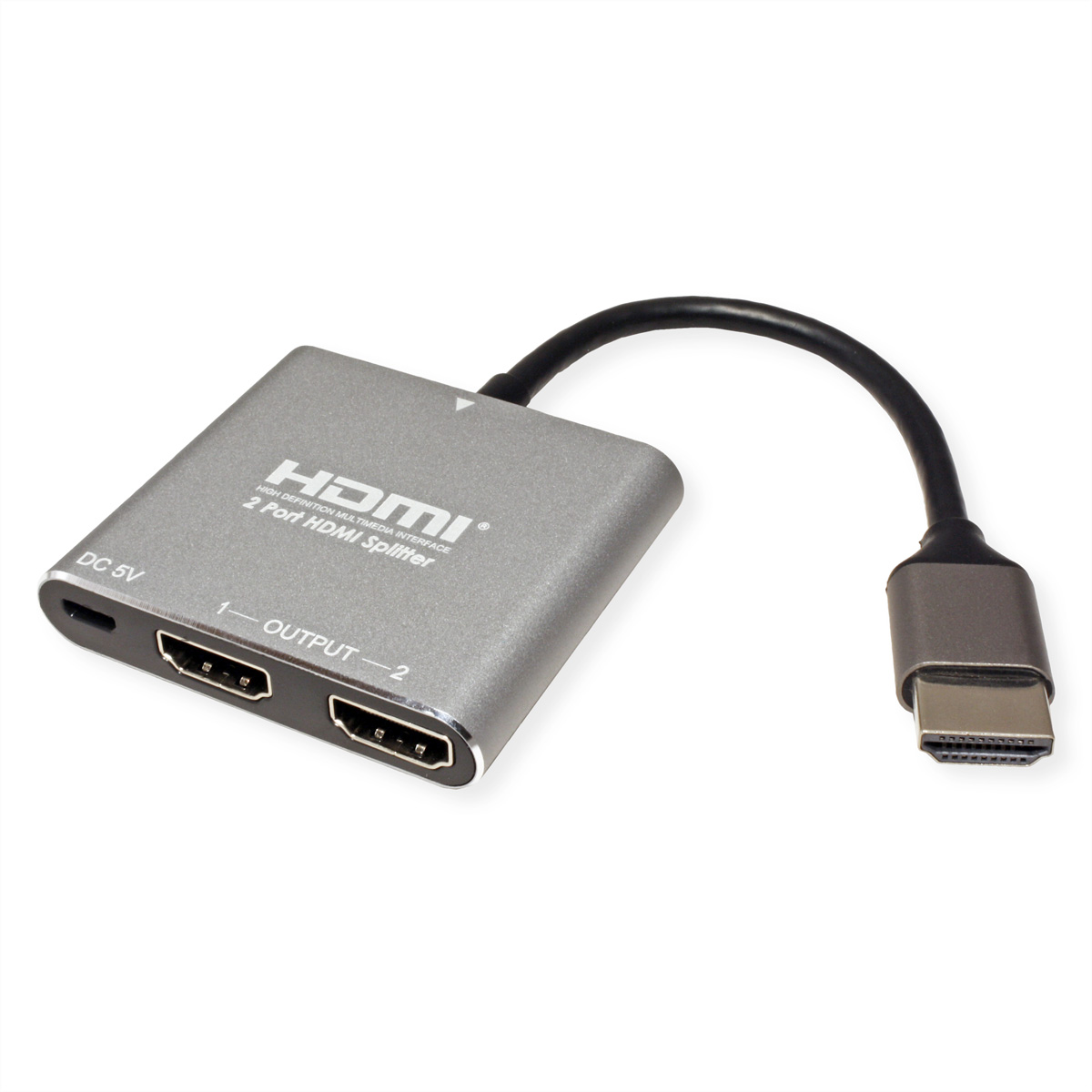 Ein silberner HDMI-Splitter mit einem schwarzen Kabel.