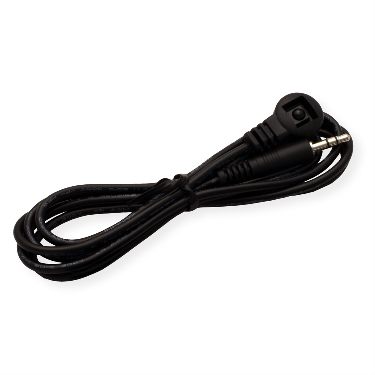 Schwarzes Audiokabel mit Stecker.