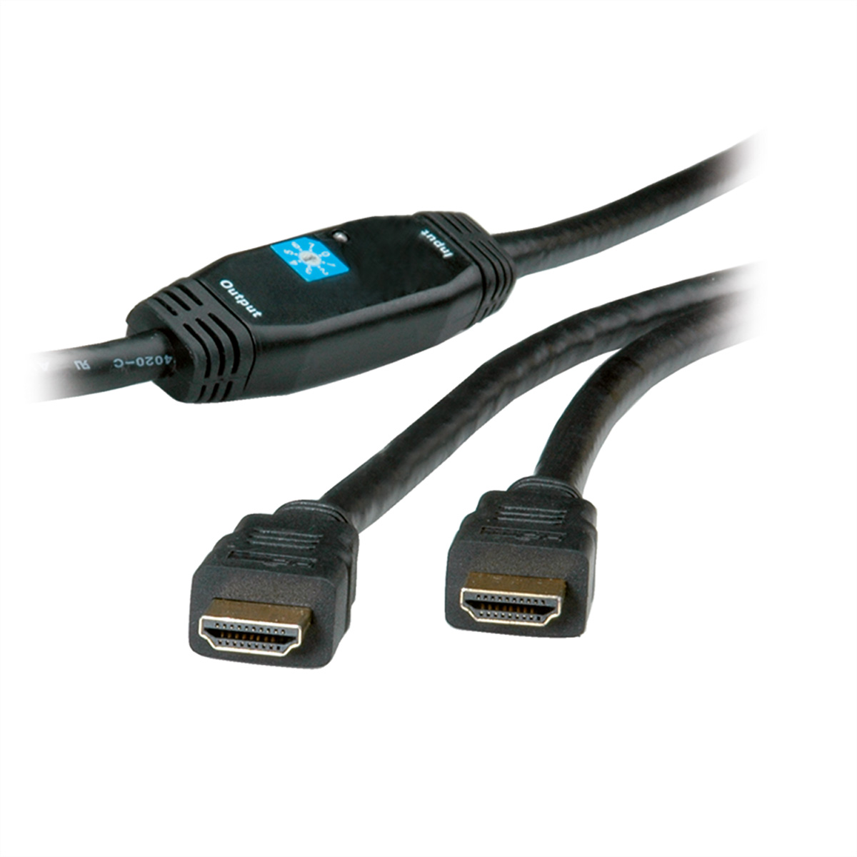 Schwarzes HDMI-Kabel mit zwei Anschlüssen. Einer ist mit Eingang, der andere mit Ausgang beschriftet.