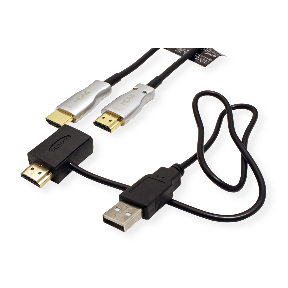 Plusieurs câbles HDMI noirs et un câble USB noir sur fond blanc. Connecteurs visibles.