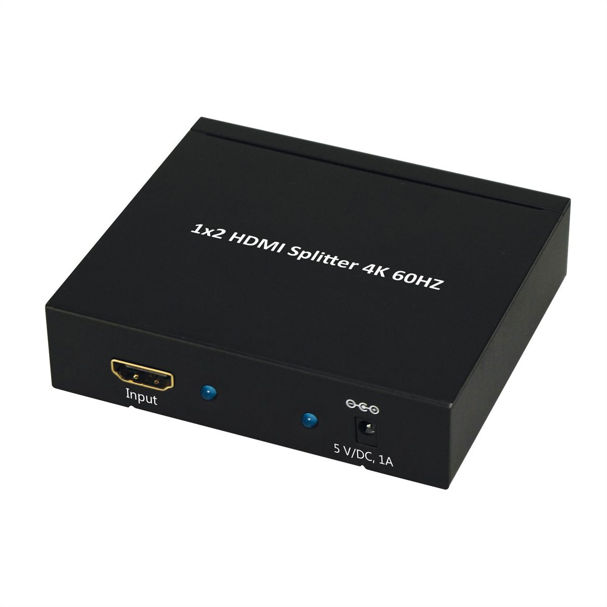 Schwarzer HDMI-Splitter mit Eingangs- und Ausgangsanschlüssen, beschriftet.