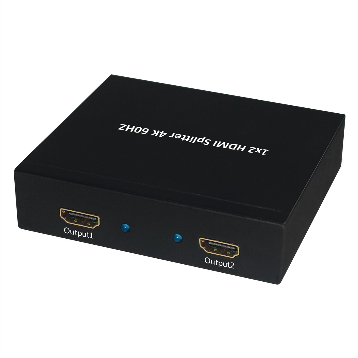Schwarzer HDMI-Splitter. Er hat zwei HDMI-Anschlüsse mit der Bezeichnung Output1 und Output2.