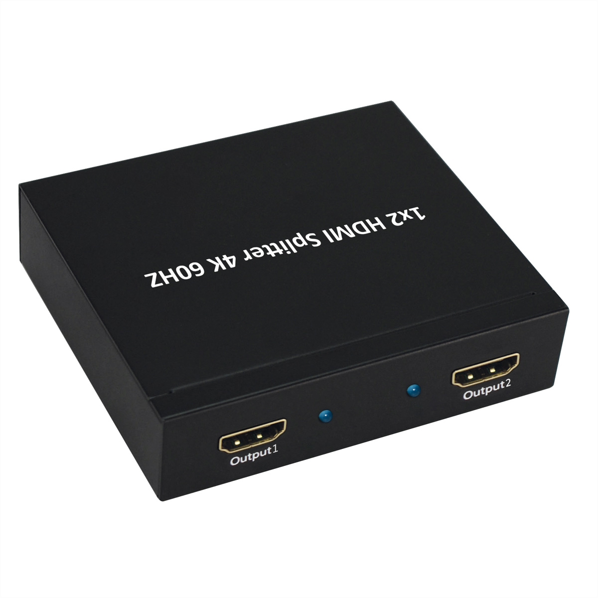 Schwarzer HDMI-Splitter mit zwei Ausgangsanschlüssen und dem Text '1x2 HDMI Splitter 4K 60HZ'.