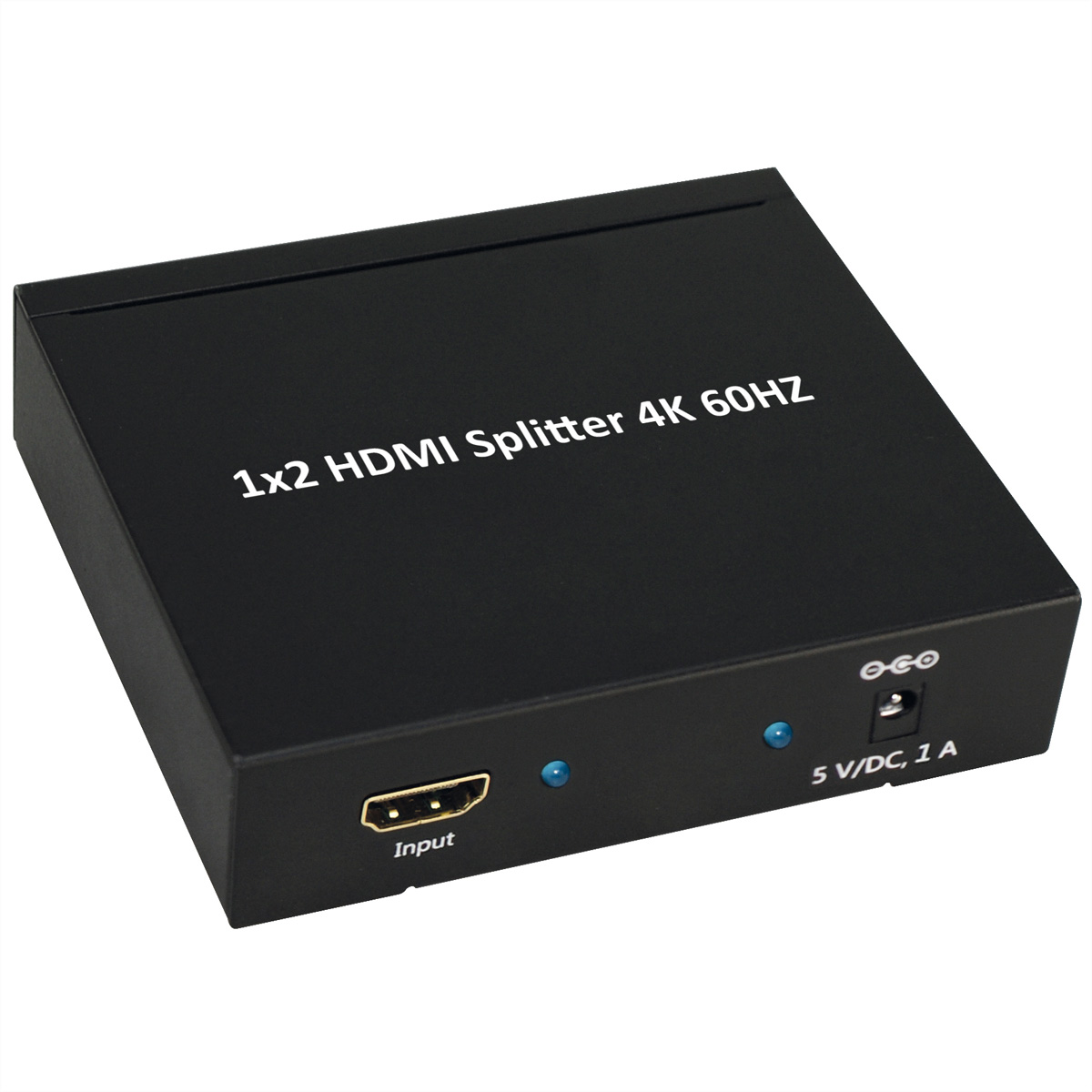 Schwarzer 1x2 HDMI-Splitter. Hat Eingangs- und Stromanschlüsse. Blaue Kontrollleuchten. Weißer Hintergrund.