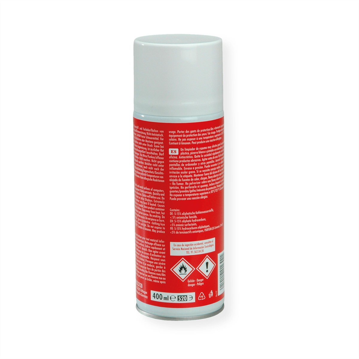 Bomboletta spray bianca con etichetta rossa. L'etichetta include testo in più lingue.
