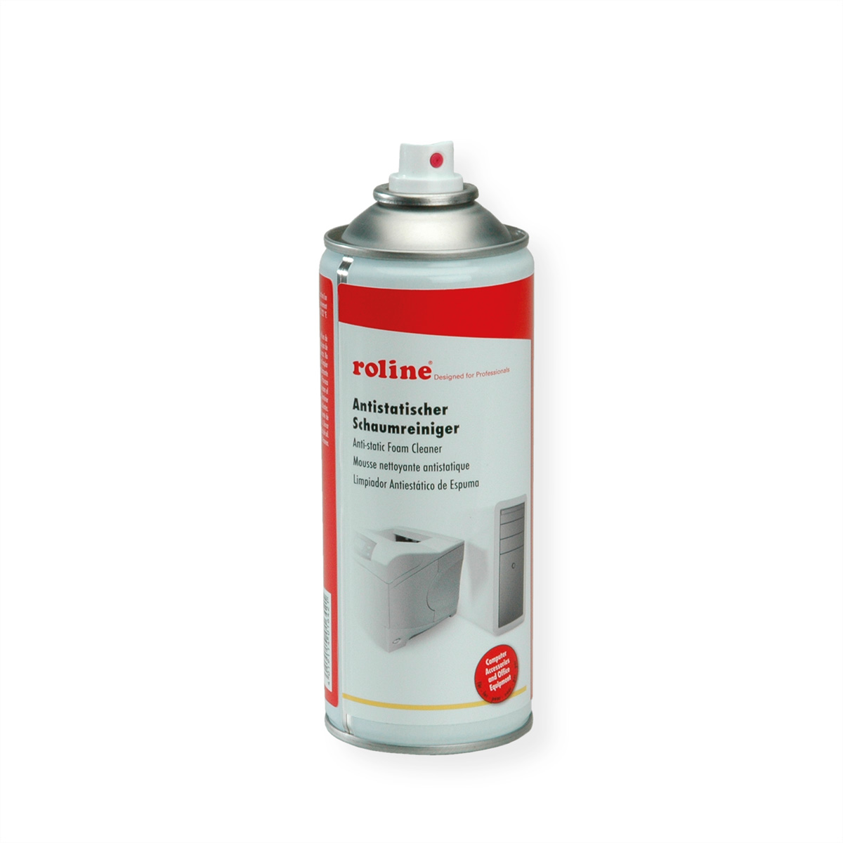 Bomboletta spray con etichetta 'roline', per detergente in schiuma antistatica, con immagine di computer e stampante.