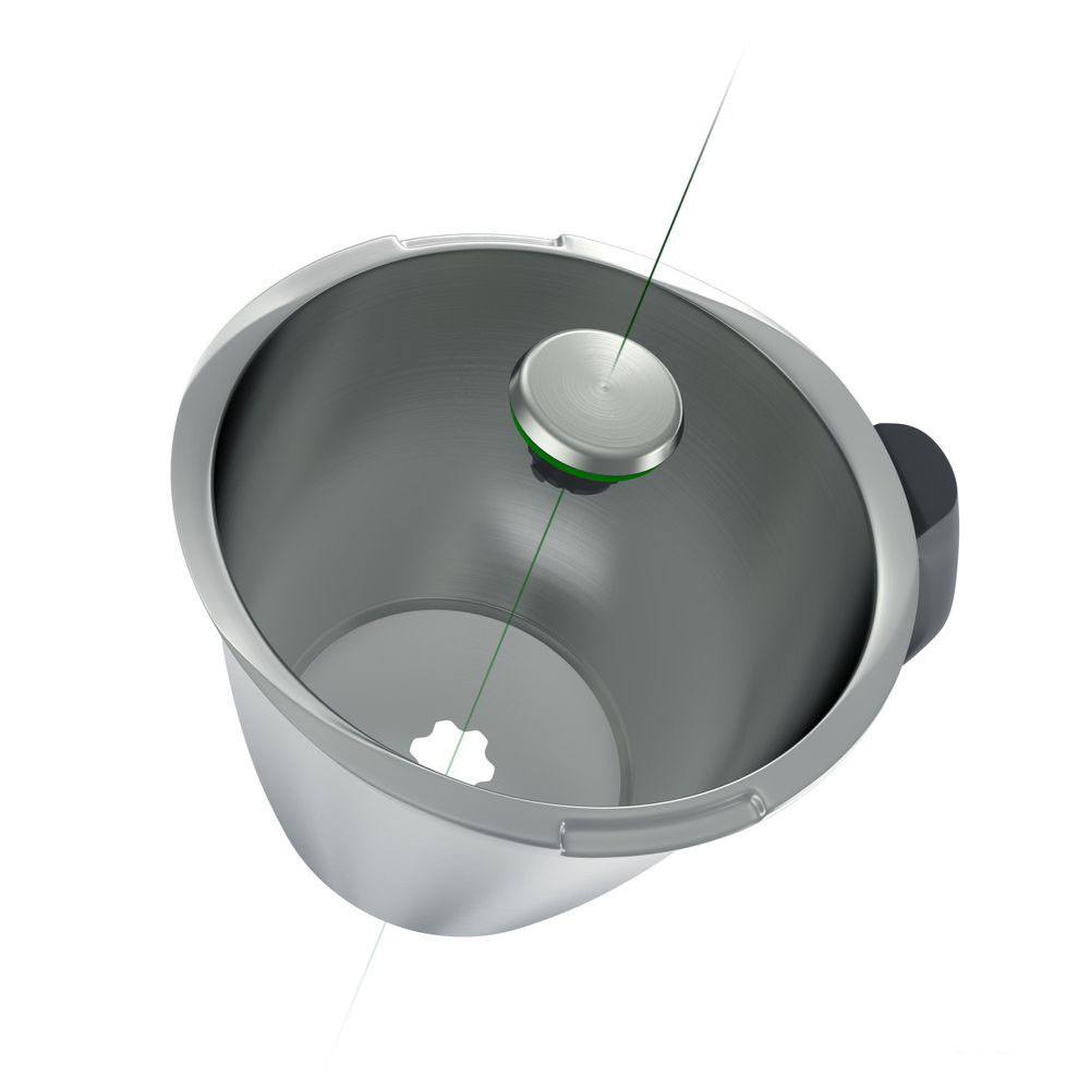 Ciotola del frullatore in acciaio inossidabile con coperchio e accento verde. Sfondo bianco.