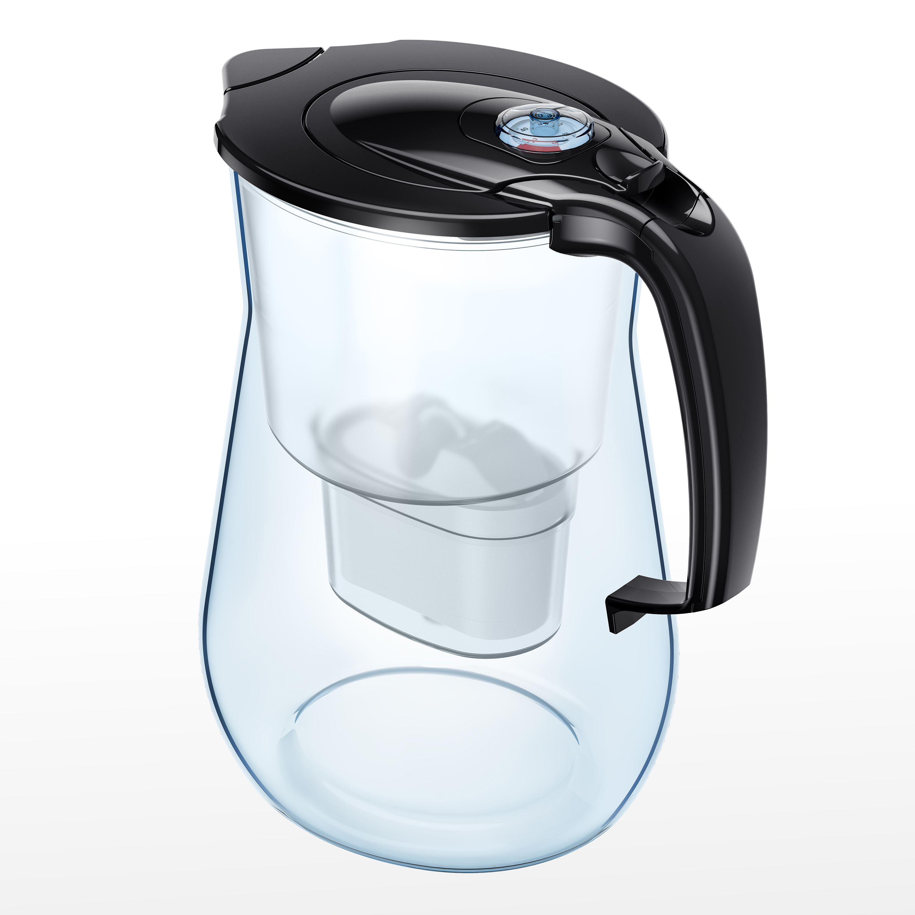 Klarer Wasserkrug mit schwarzem Griff und Deckel. Er hat einen weißen Filter im Inneren.