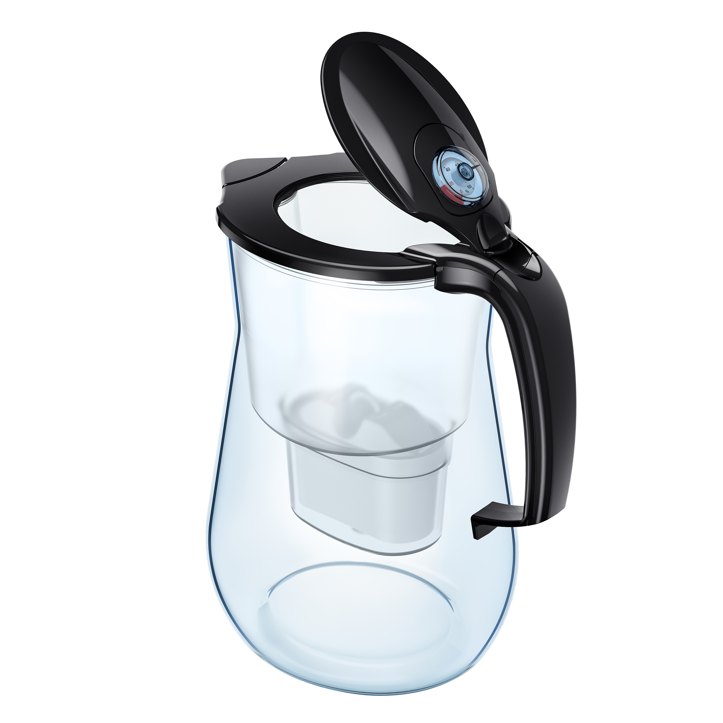 Ein klarer Wasserfilterkrug mit schwarzem Griff und Deckel. Weißer Hintergrund.