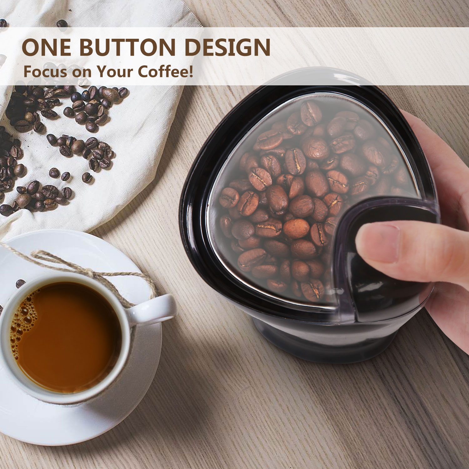 Molinillo de café con granos, taza y texto 'ONE BUTTON DESIGN'.