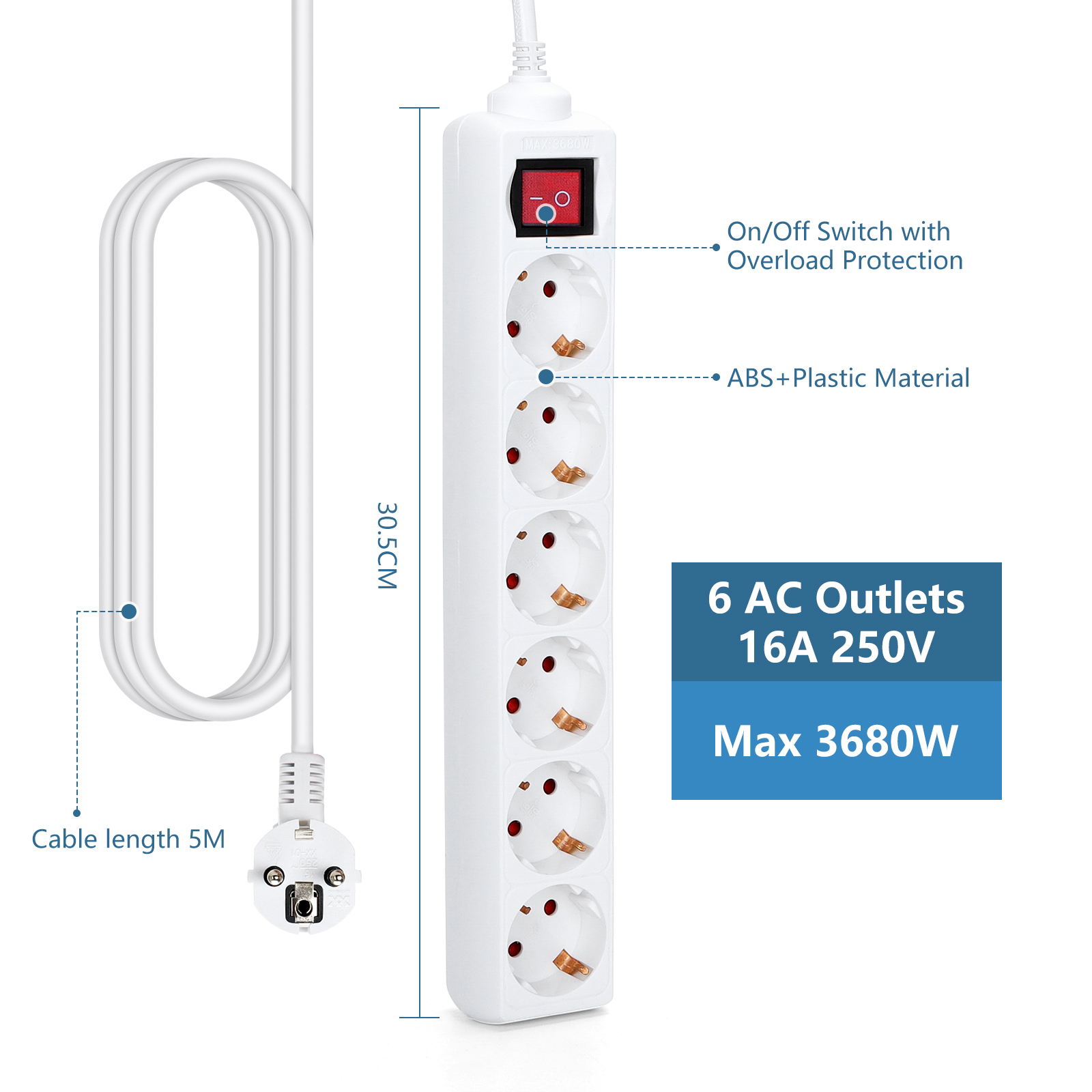 Regleta blanca con seis enchufes, un interruptor de encendido/apagado y un cable de alimentación. Max 3680W.