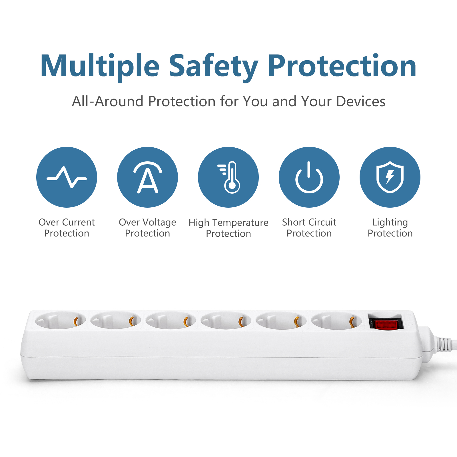 Regleta con múltiples iconos de seguridad en la parte superior, que muestran varios tipos de protección.