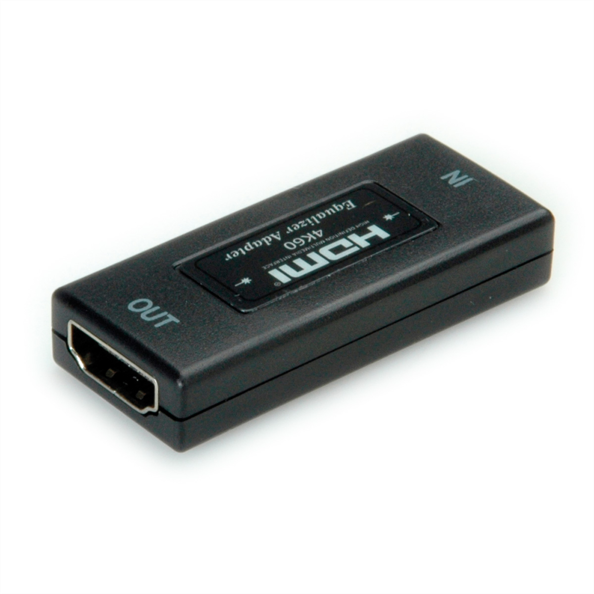 Schwarzer HDMI-Equalizer-Adapter. Der Text 'HDMI 4K60 Equalizer Adapter' ist sichtbar.