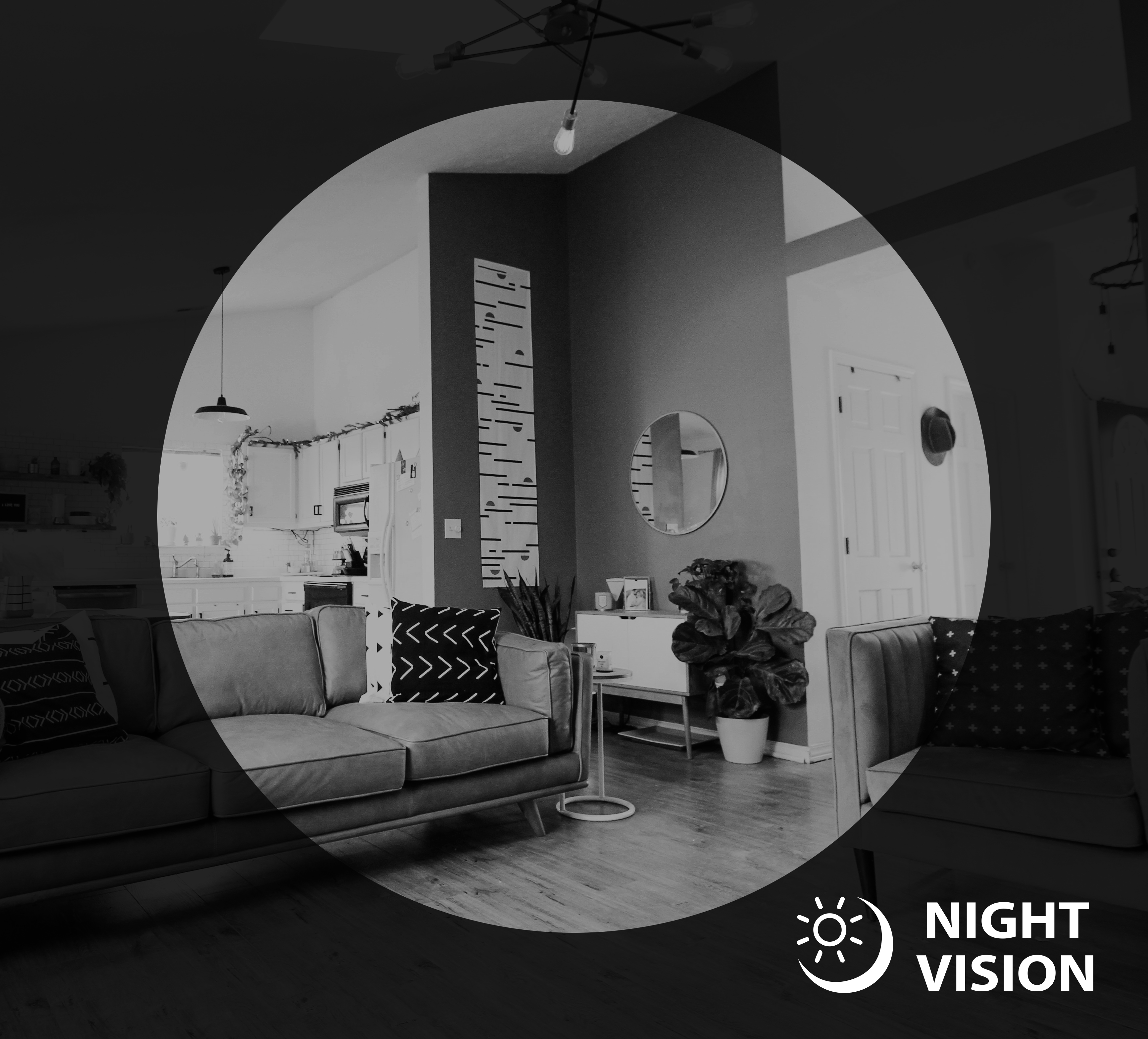 Nachtsichtszene in einem Haus, zeigt Wohnzimmer mit Möbeln und Licht.