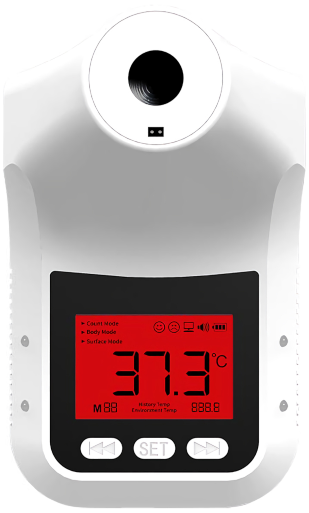 Weißer Temperaturscanner mit roter Anzeige, zeigt 37,3 Grad Celsius.