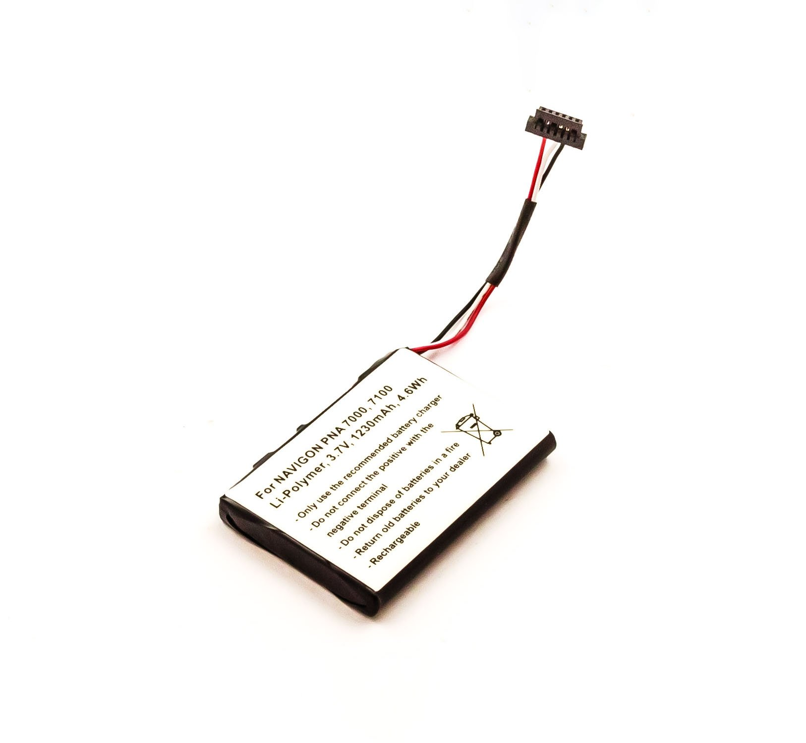 Schwarzer Akku mit Stecker und Text auf weißem Hintergrund, schräge Ansicht.