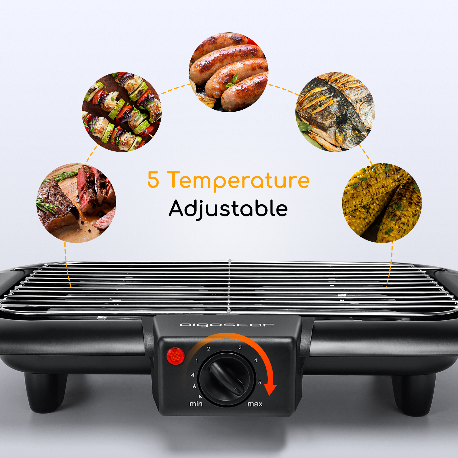 Schwarzer Grill mit einstellbarer Temperaturregelung und Bildern von gekochtem Essen, das darum angeordnet ist.