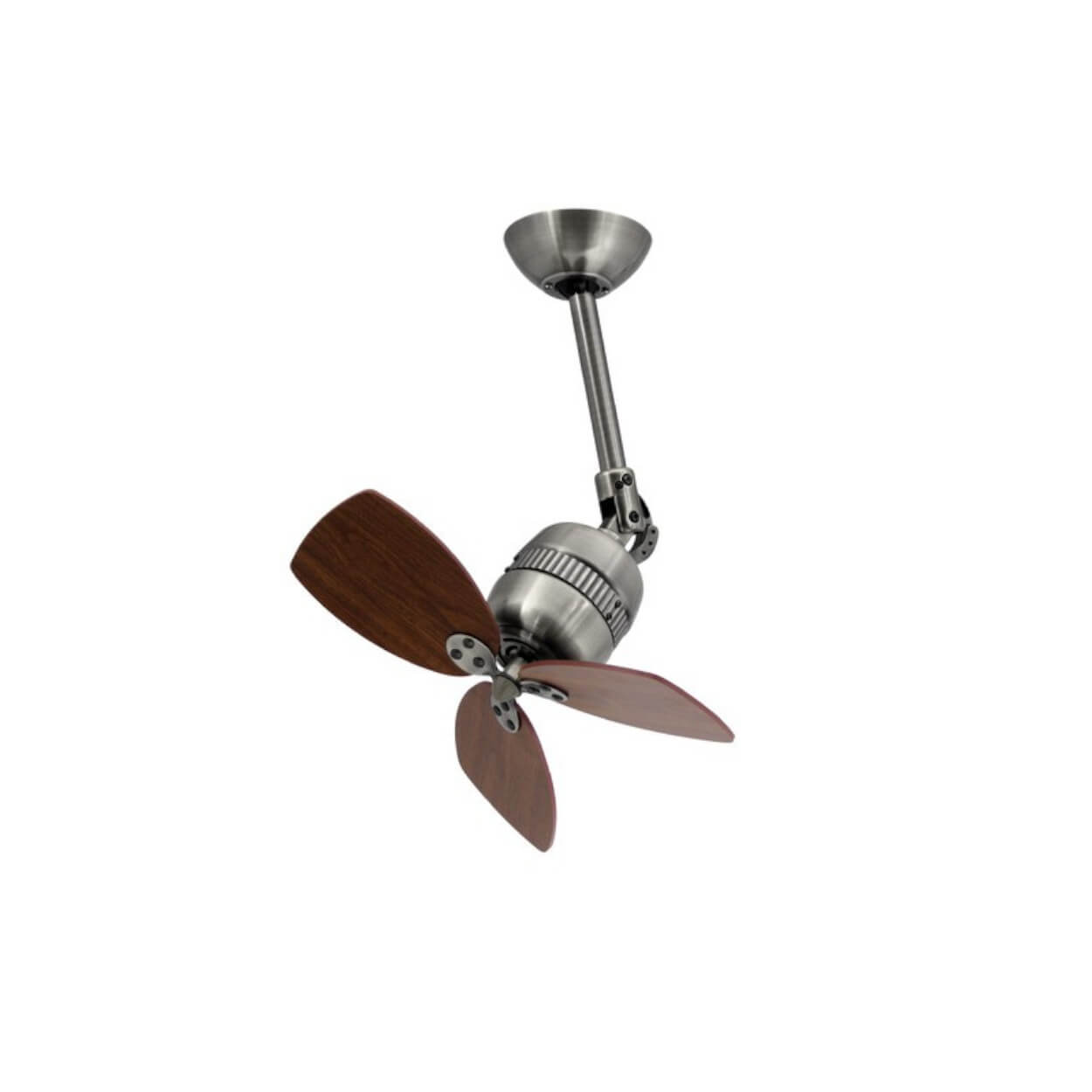 Deckenventilator mit drei Holzblättern und einer metallischen, verstellbaren Halterung. Weißer Hintergrund.