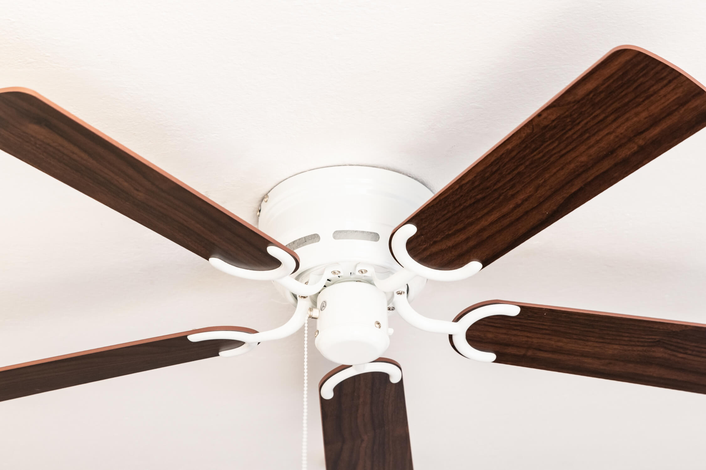 Deckenventilator mit dunkelbraunen Flügeln. Der Ventilator ist weiß mit einer Leuchte.