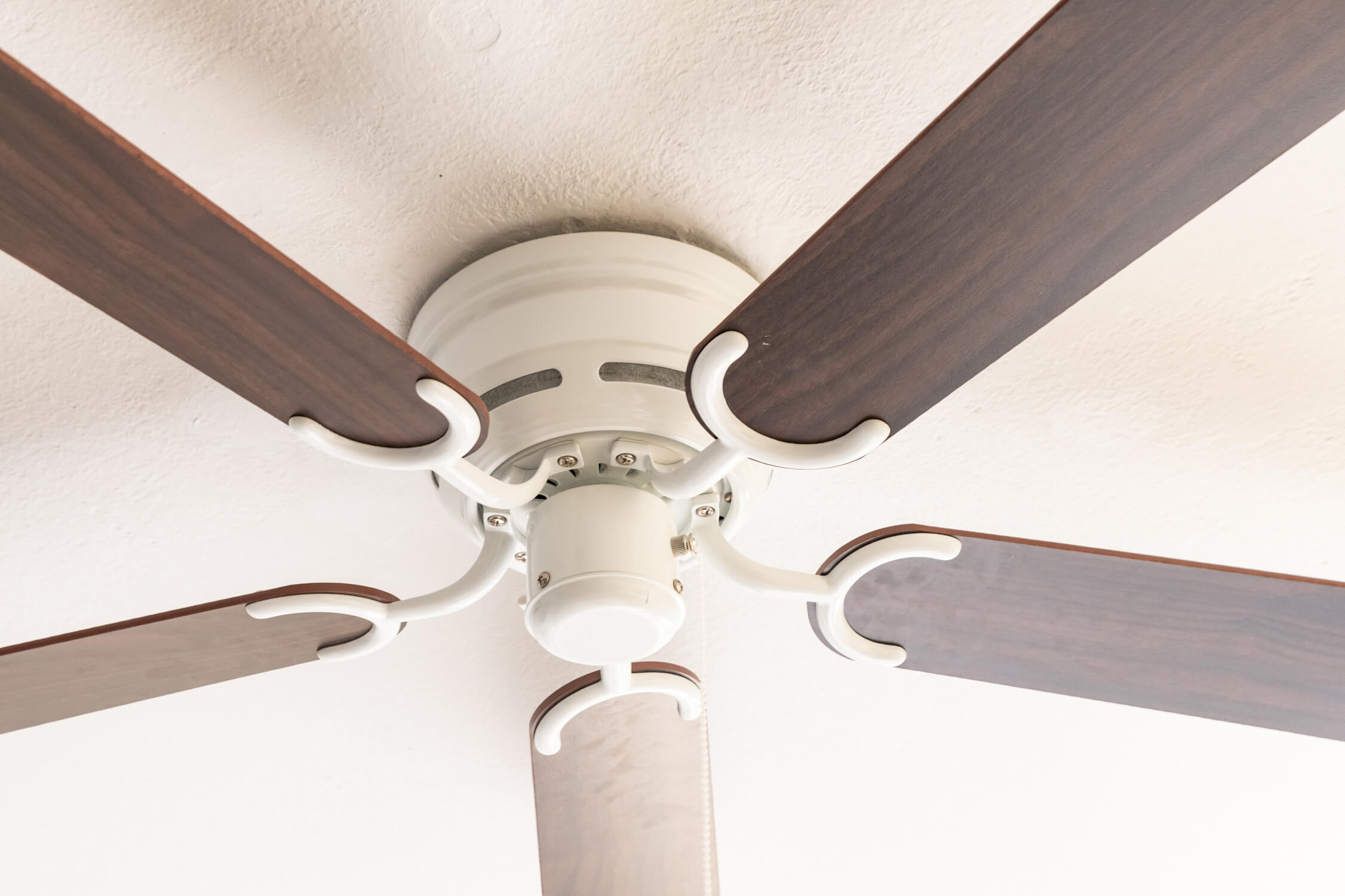 Deckenventilator mit weißem Motor und braunen Flügeln, von unten gesehen, vor einer weißen Decke.