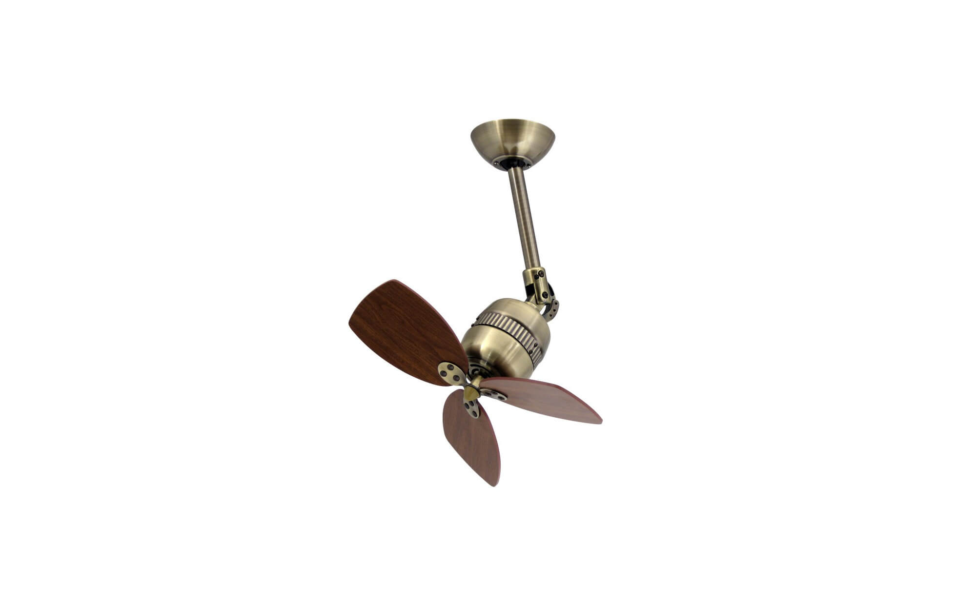 Ventilatore da soffitto con tre pale in legno e un supporto metallico regolabile. Sfondo bianco.
