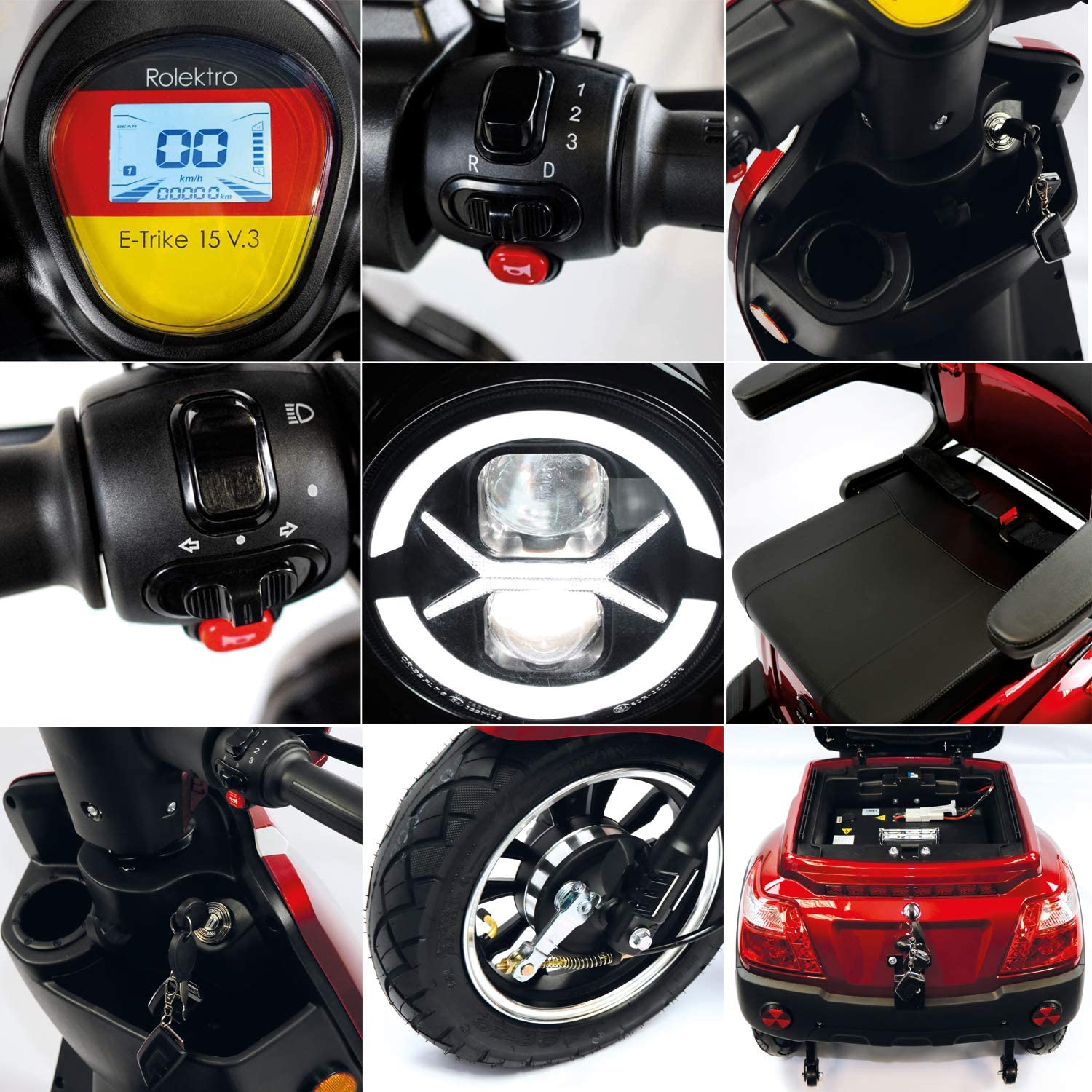 Mehrere Details eines roten E-Trike-Rollers mit Bedienelementen, Display, Rad- und Sitzdetails.