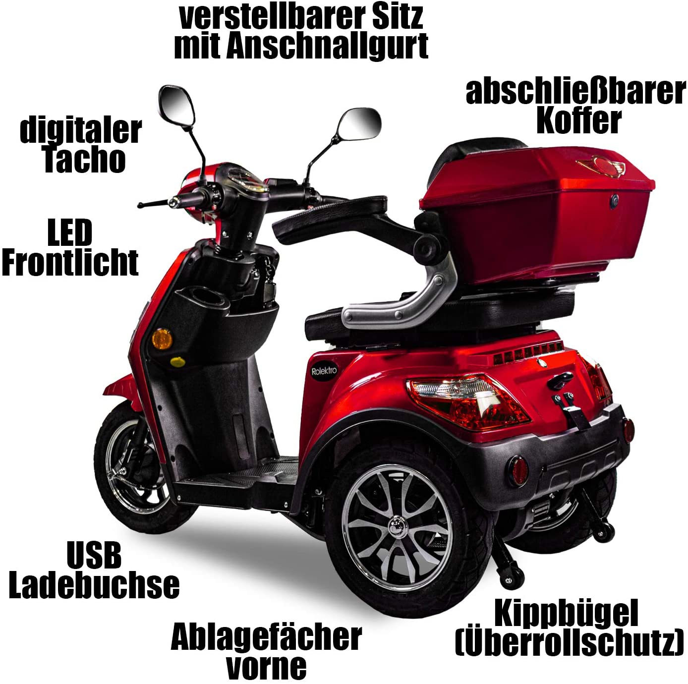 E-Trike Seniorenmobil V.3 Rot) 25 Unisex-Rad, ROLEKTRO Zoll, Lithium E-Scooter 15,7 (Laufradgröße: