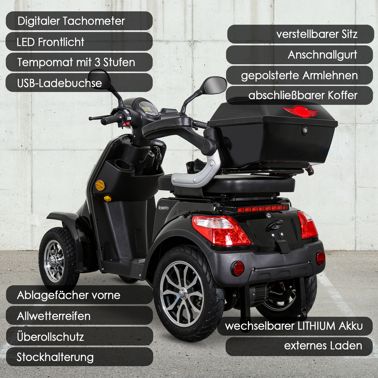 Blei-Gel 25 E-Quad Zoll, 15,7 E-Scooter Seniorenmobil (Laufradgröße: V.2 ROLEKTRO Schwarz) Unisex-Rad,