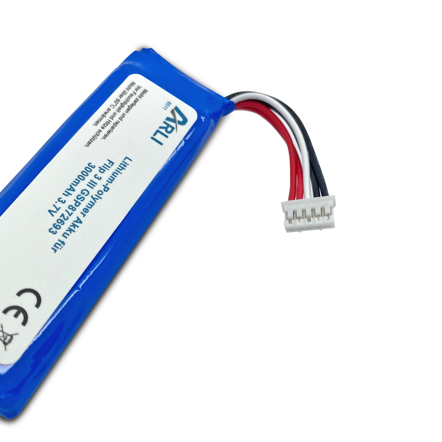 Blaue Batterie mit Drähten und Anschluss, beschriftet.