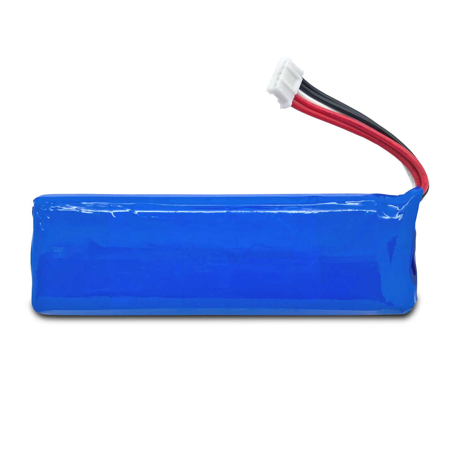 Blaue Batterie mit roten, schwarzen und weißen Drähten auf weißem Grund.