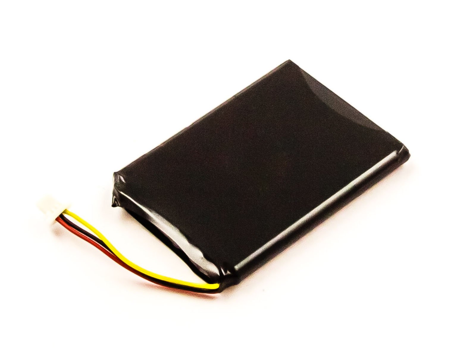 Ein schwarzes rechteckiges Batteriepack mit weißem Stecker und roten, gelben und schwarzen Drähten.