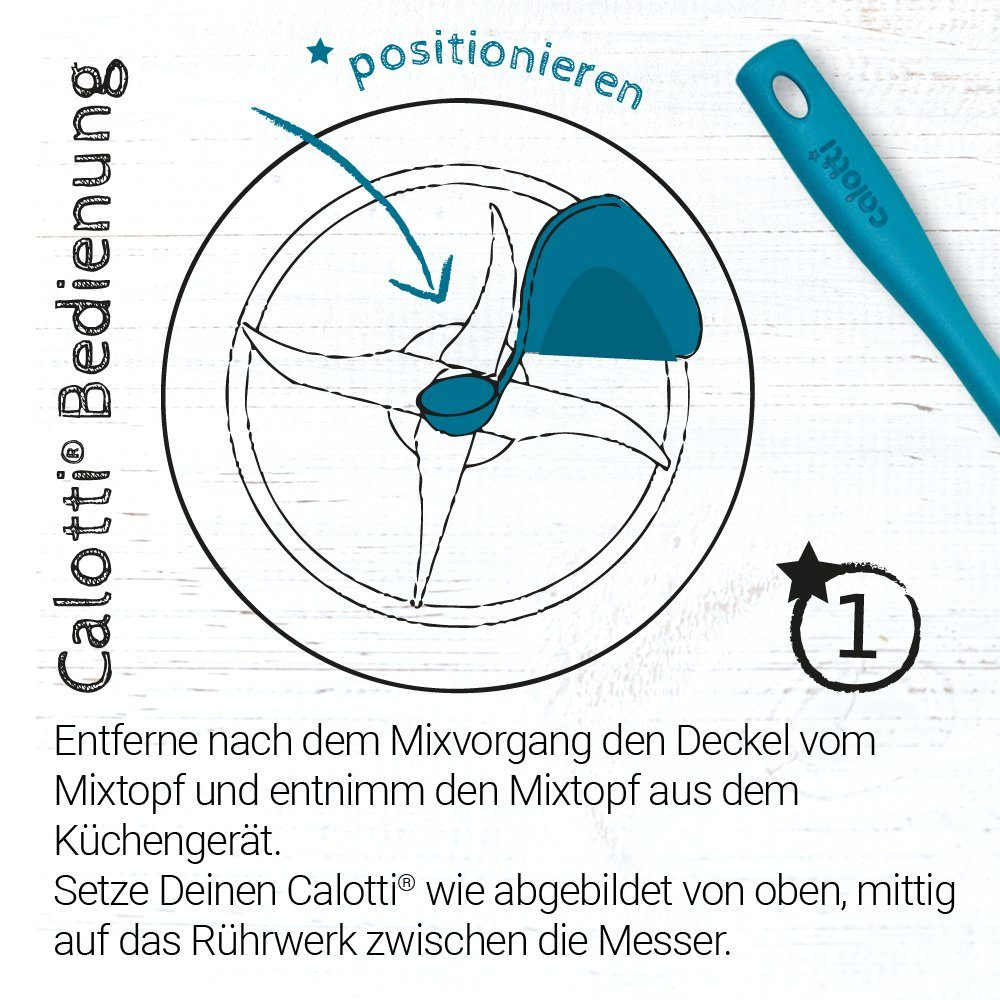 Diagramma di un elettrodomestico da cucina, uno strumento per mescolare con manico blu. Istruzioni.