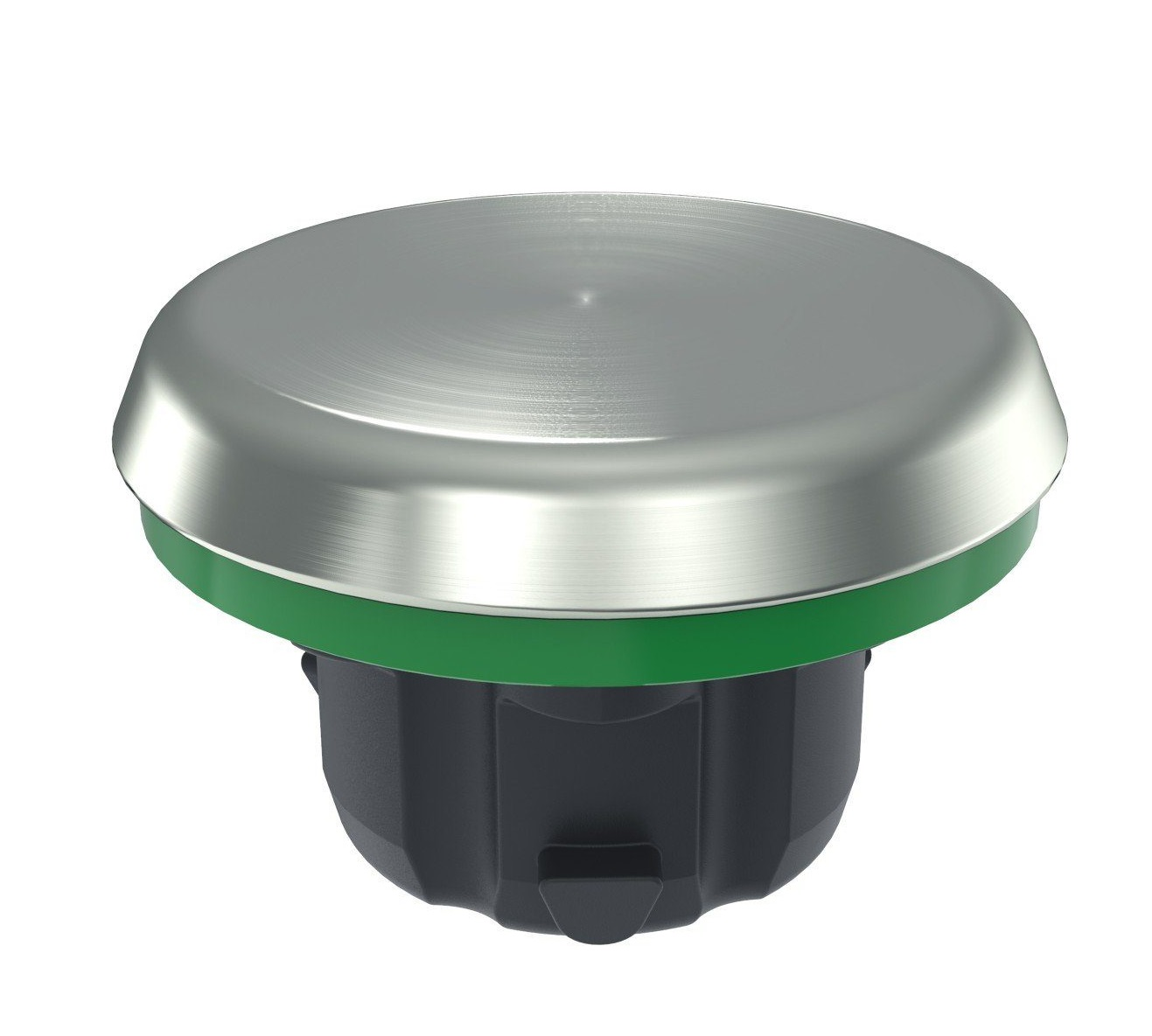 Un dispositivo nero e argento con una base verde. È su uno sfondo bianco.
